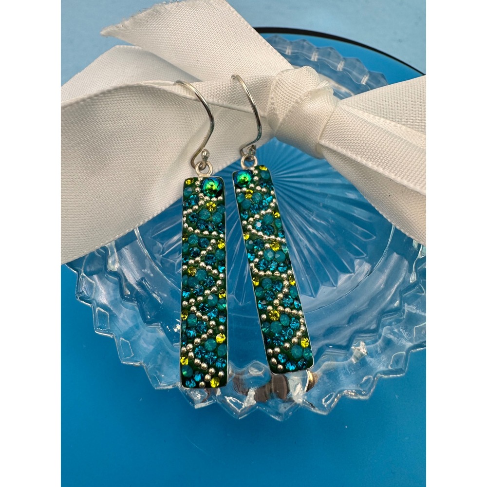 Mosaico Sterling Silver Austrian Crystal Dichroic Glass Bar Drop Earrings